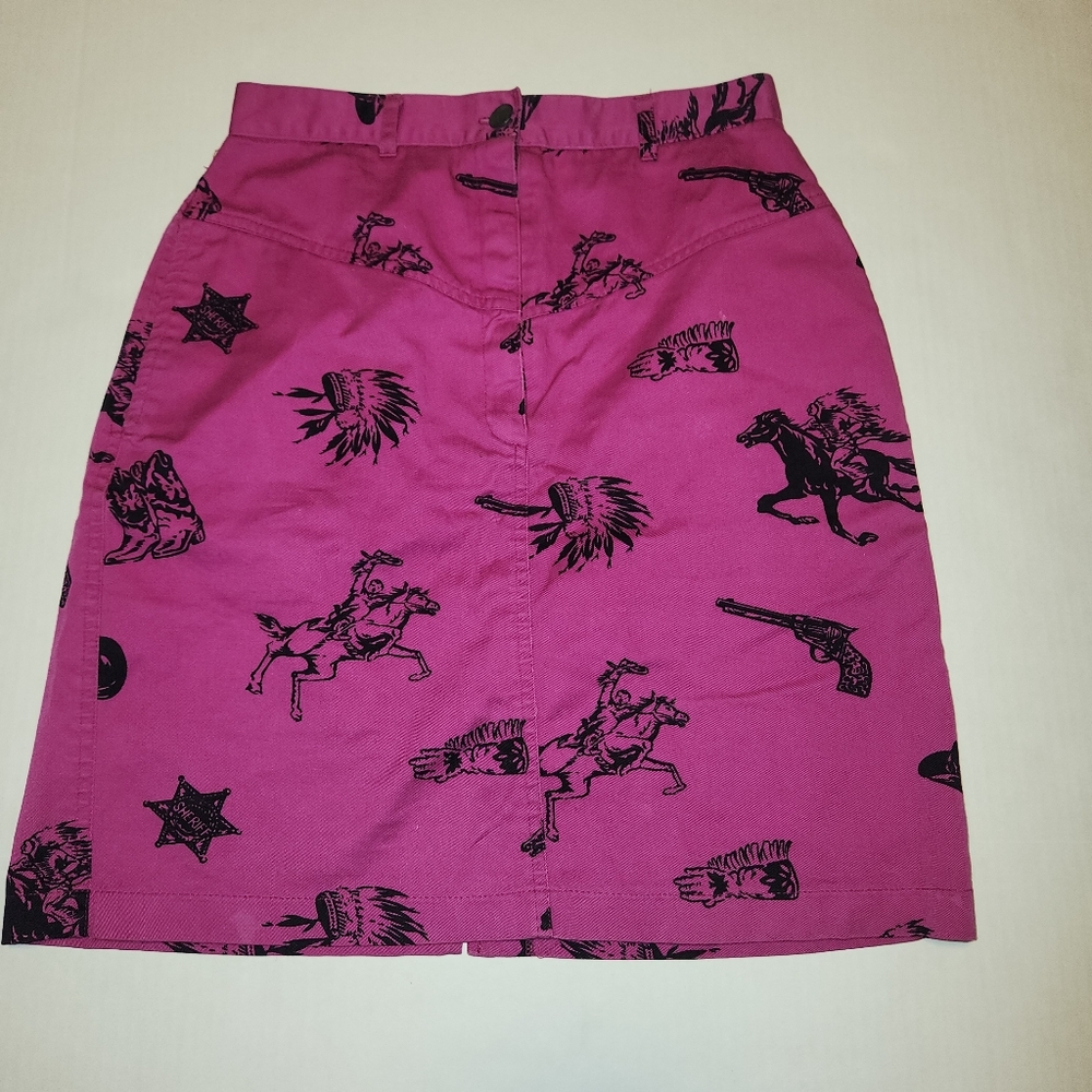 Vintage VTG Western Horse Cowboy Print Denim Pink Purple Mini Skirt Small S